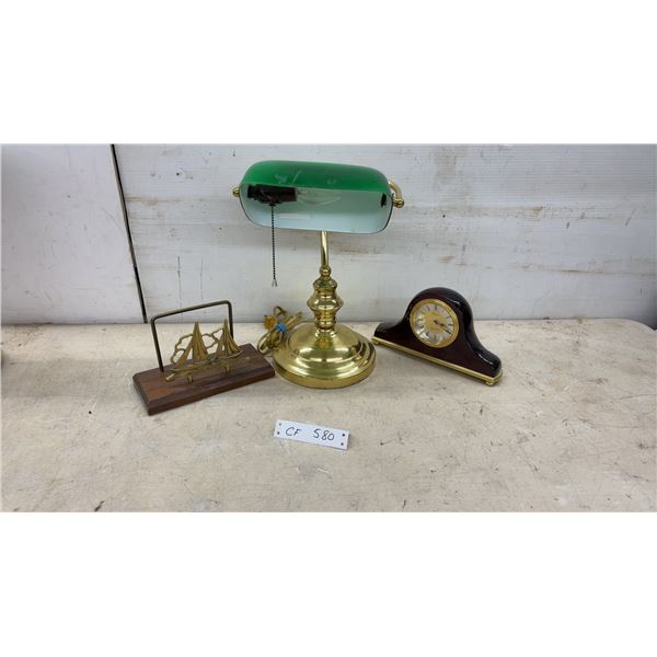 Mantel Style Clock, Brass Banker's Lamp with Green Glass Shade, and More
