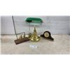Image 1 : Mantel Style Clock, Brass Banker's Lamp with Green Glass Shade, and More