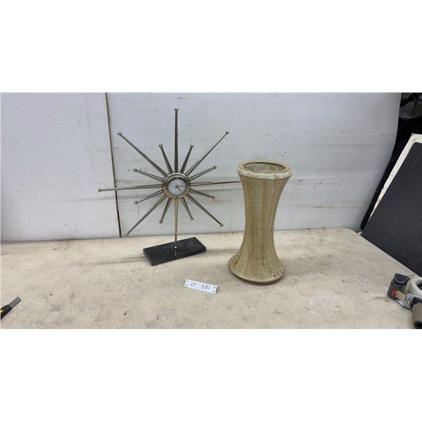 Starburst Desk Clock on Black Marble Style Base and Ceramic Flared Vase with Star Motif Rim