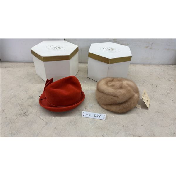 2 Vintage Ladies Hats: Felt Cloche and Mink Fur Beret with Hatboxes & Original Eatons Price Tag