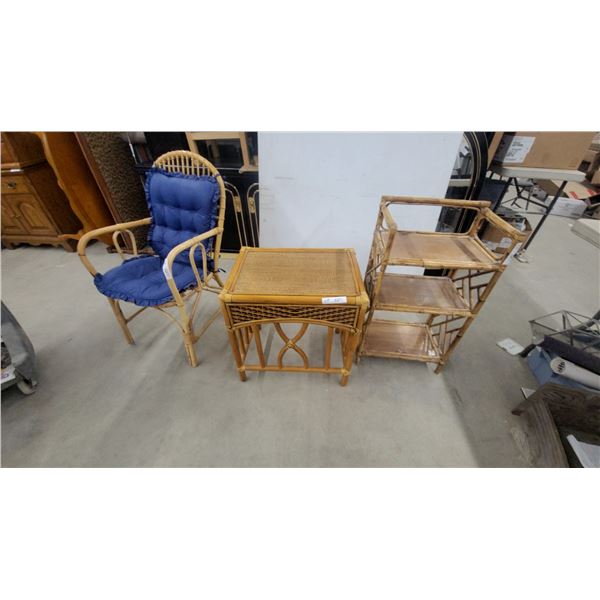 Bamboo Three-Tier Shelf Unit with Rattan Chair and Blue Cushion and More