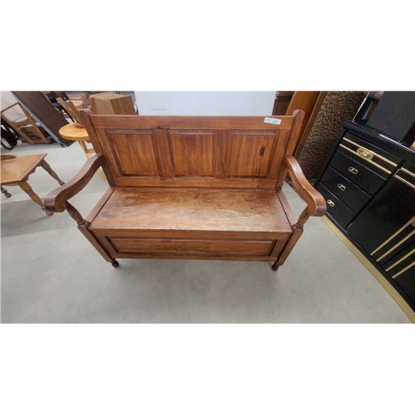 Wooden Storage Bench with Paneled Back, Scrolled Armrests, and Under-Seat Storage 47" Wide