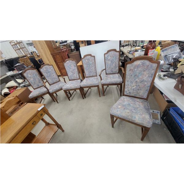 Set of Six Upholstered Wooden Dining Chairs with Two Captain's Chairs