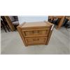 Image 1 : Oak Two-Door Cabinet with Brass-Toned Handles and Two Drawers 22 x 25 x 17"