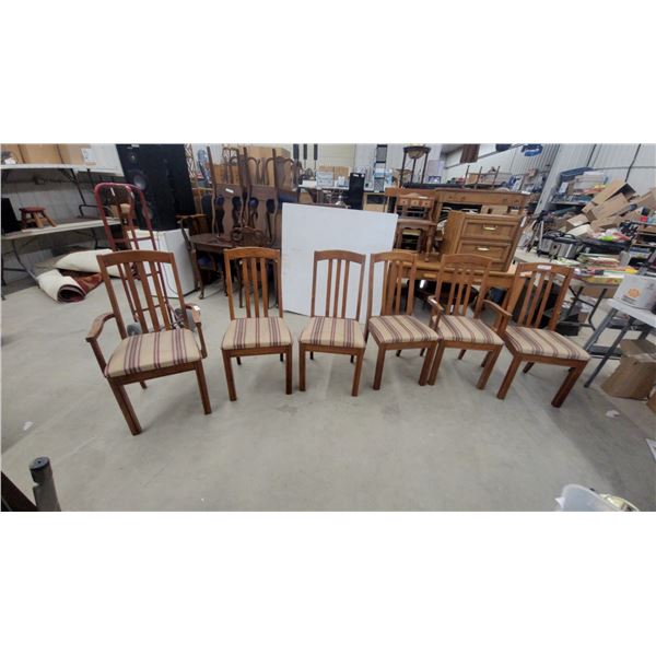 Set of Six Wooden Slat-Back Dining Chairs with Striped Upholstered Seats, Two Armchairs