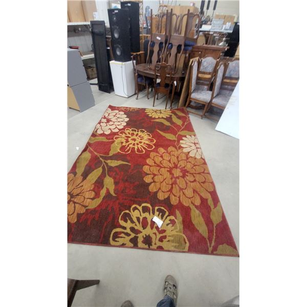 Red Floral Area Rug with Orange, Yellow, Cream, and Brown Blooms, Approximately 78 x 112"