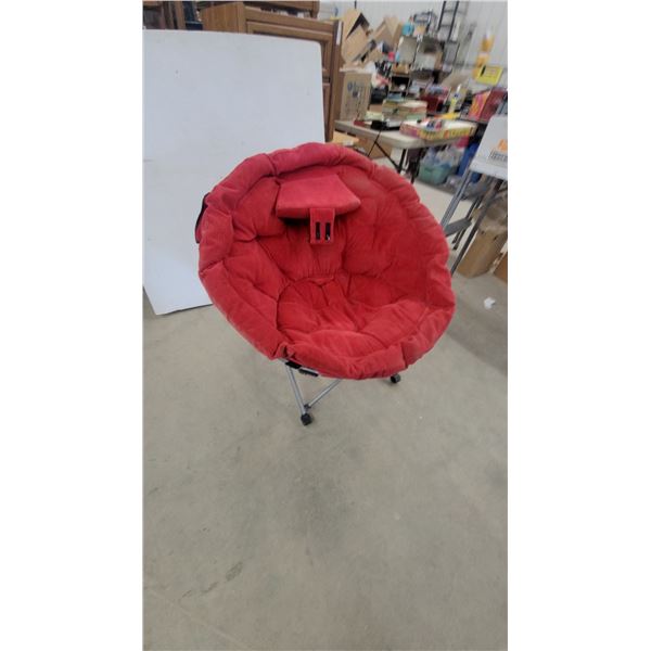 Red Corduroy Padded Folding Saucer Moon Chair with Metal Frame and Headrest