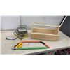 Image 1 : Work Light, Wooden Tool Caddy, and Bow Saw