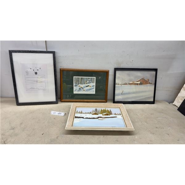 Four Framed Pictures: Winter Art Scenes Including James Bessey Barn Scene and Conrad Joseph Print