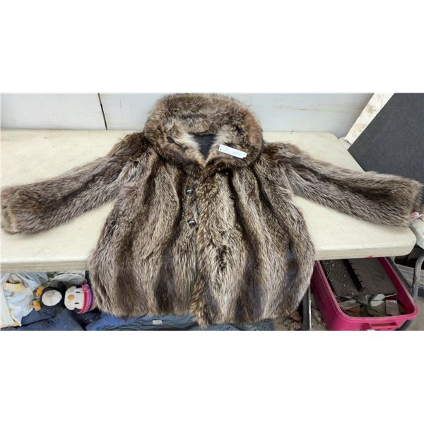 Vintage Women's Raccoon Fur Coat with Large Collar and Button-Front Closure with Garment Bag.