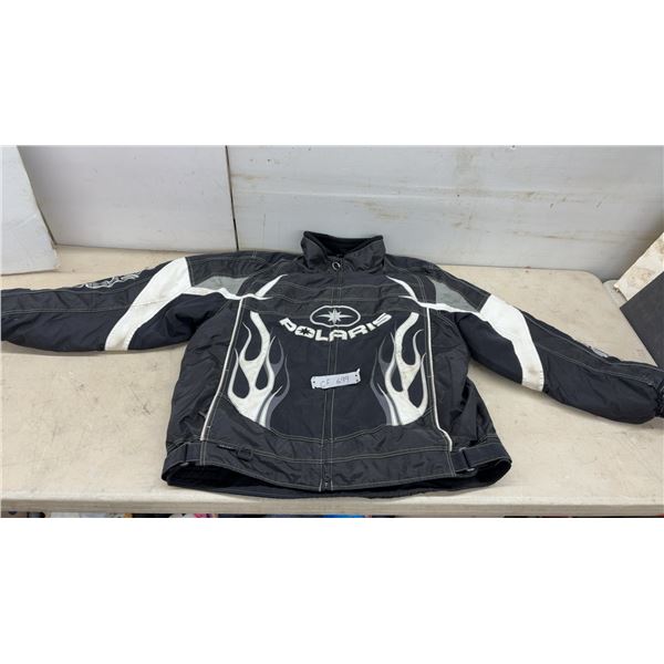 Polaris Pure Snowmobile Jacket in Black with White and Grey Flame Graphics. No Size Listed