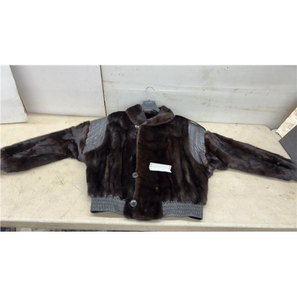 Dark Brown Fur and Leather Bomber Jacket with Button Closure