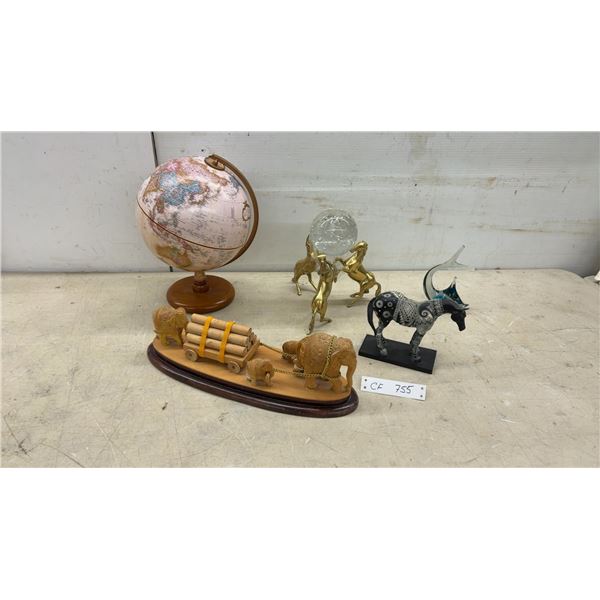 Carved Wooden Elephant Log Cart Sculpture, Globe, Glass Marlin, and More