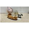 Image 1 : Carved Wooden Elephant Log Cart Sculpture, Globe, Glass Marlin, and More
