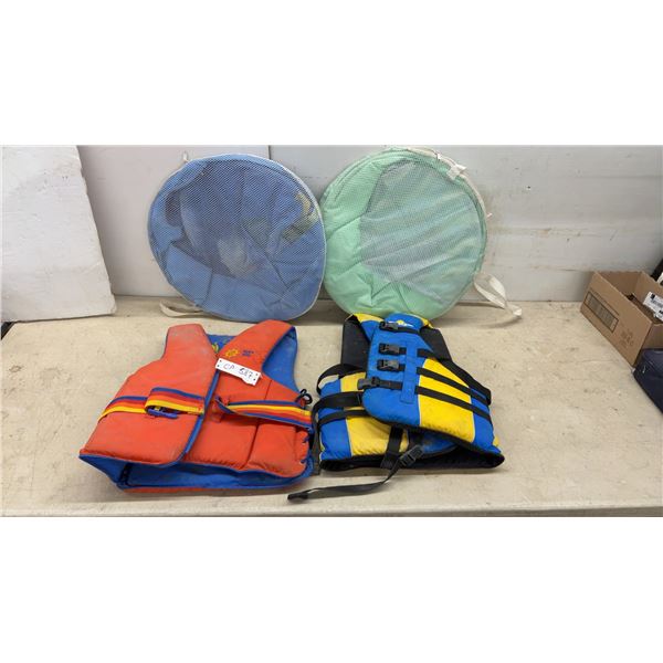 Two Life Vests Including Sun Gear & Two Collapsible Pool Floaters with Mesh Storage Bags
