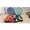 Image 1 : Two Life Vests Including Sun Gear & Two Collapsible Pool Floaters with Mesh Storage Bags