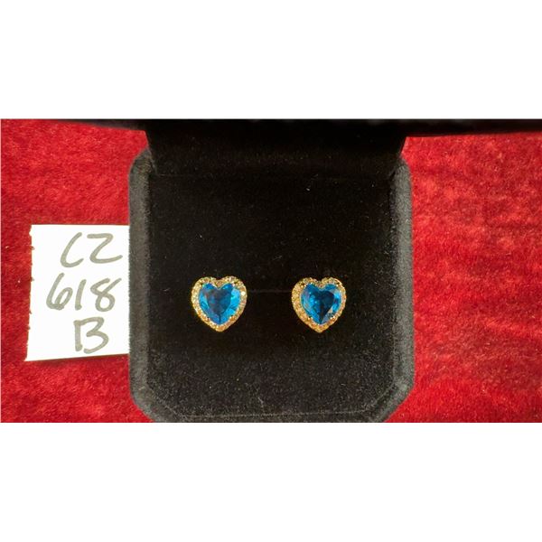 18K Gold Plated 1.0 Carat Each Heart Cut Blue Simulated Diamond CZ Heart Halo Stud Earrings
