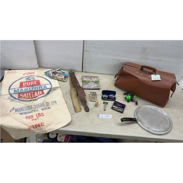 Vintage Pure Manitoba Sugar 100-Pound Sack, Leather Doctor Bag, Fishing Reel, and Manicure Set &