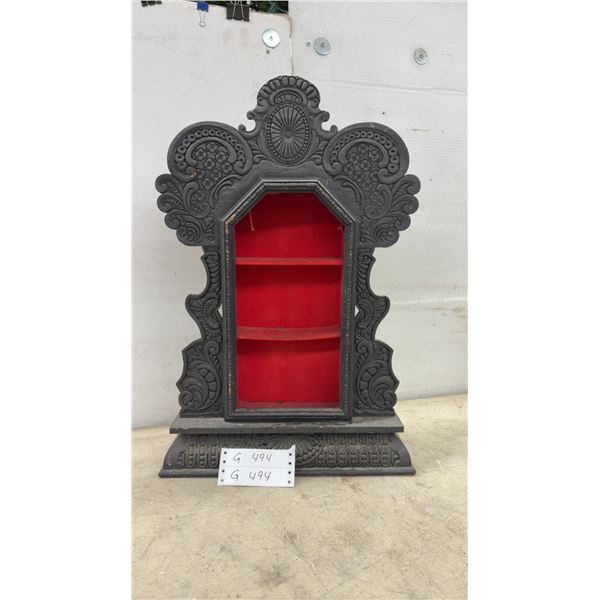 Carved Black Display Cabinet with Red Interior Shelves, 22 1/2 x 15 x 4 3/4"