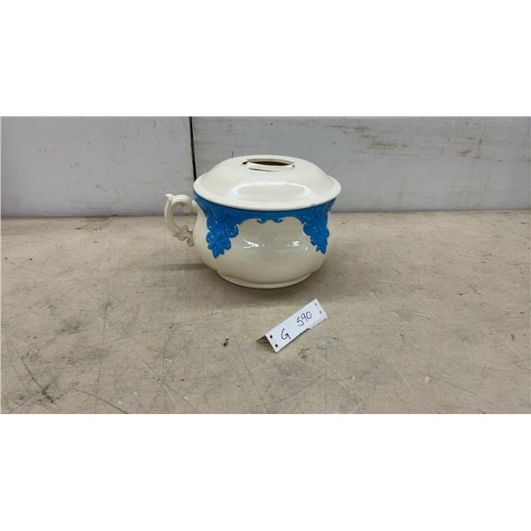 Cream and Blue Ceramic Lidded Chamber Pot with Raised Scrollwork and Ornate Handle