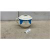 Image 1 : Cream and Blue Ceramic Lidded Chamber Pot with Raised Scrollwork and Ornate Handle