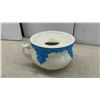 Image 6 : Cream and Blue Ceramic Lidded Chamber Pot with Raised Scrollwork and Ornate Handle