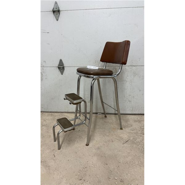 Vintage 1950s-1960s Cosco Chrome Step Stool Chair with Brown Upholstered Seat