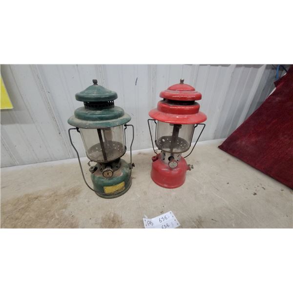 Two Coleman Model 220E Two-Mantle Gas Lanterns, 1950s, Green and Red