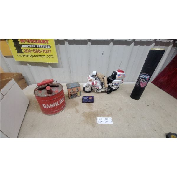 CHiPs Los Angeles Police Motorcycle Toy, Vintage Gasoline Can, Tin Box, and More