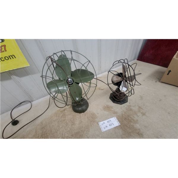 Vintage Green Four-Blade Oscillating Desk Fan and Arctic Aire Three-Blade Desk Fan