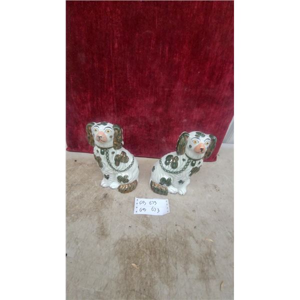 Pair of Staffordshire-Style Ceramic Spaniel Dog Figurines with Green and Gold Accents 9" Tall