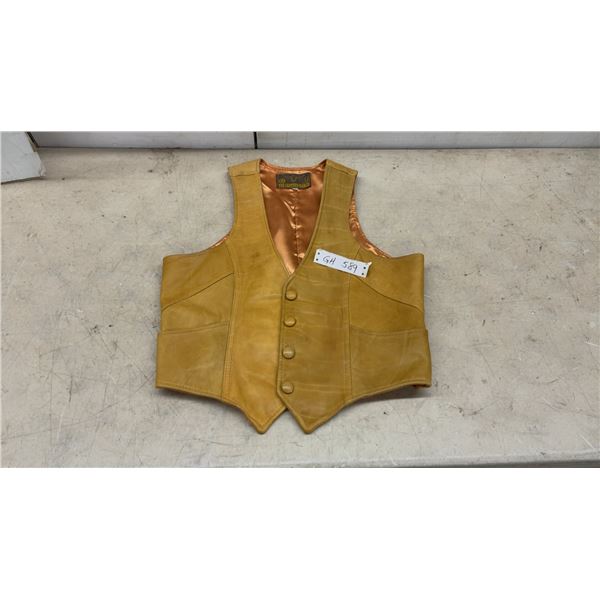 The Leather Ranch Tan Leather Western Vest, Size 44, Button Front, Satin Lined