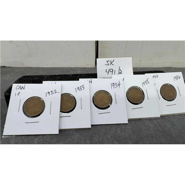 Five Canadian One-Cent Coins, King George V, 1932, 1933, 1934, 1935, and 1936