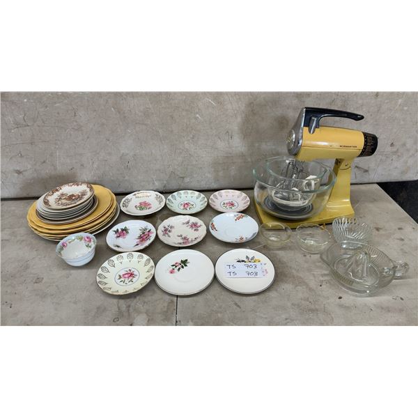 Vintage Sunbeam Mixmaster Model 12 Stand Mixer with Glass Bowl, Plates, and More