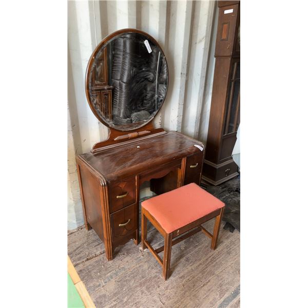 Art Deco Walnut Vanity Dressing Table with Round Mirror and Upholstered Stool 40 x 17 x 63