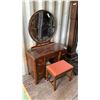Image 1 : Art Deco Walnut Vanity Dressing Table with Round Mirror and Upholstered Stool 40 x 17 x 63