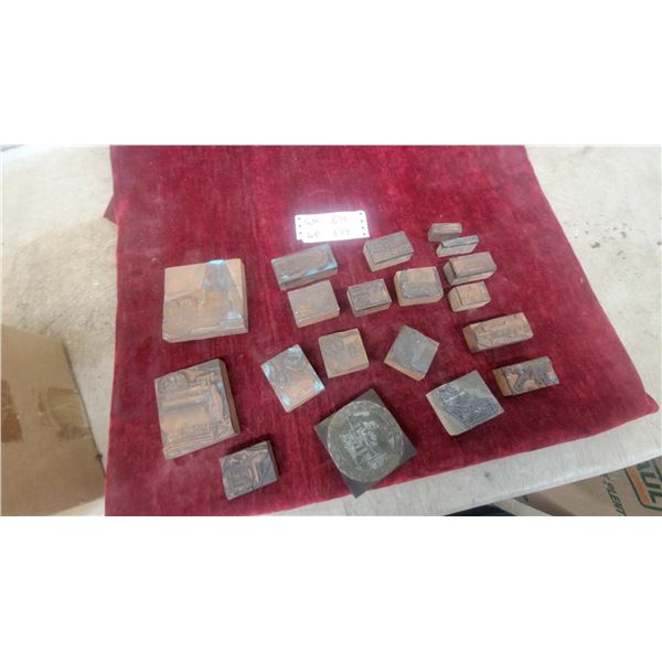 Collection of Vintage Copper Letterpress Printing Blocks on Wood Bases, Assorted Designs 19x