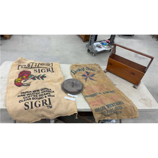 Sigri Coffee Bean Burlap Sack, Lucky Star Sack, Smart's No. 8 Dutch Oven Lid, and Magazine Rack