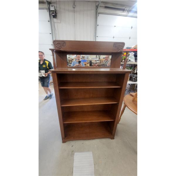 Antique Oak Four-Shelf Open Bookcase with Mirrored Hutch Top and Carved Scrollwork 70 x 43 x 13"