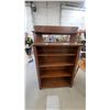 Image 1 : Antique Oak Four-Shelf Open Bookcase with Mirrored Hutch Top and Carved Scrollwork 70 x 43 x 13"