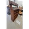 Image 2 : Antique Oak Four-Shelf Open Bookcase with Mirrored Hutch Top and Carved Scrollwork 70 x 43 x 13"