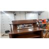 Image 4 : Antique Oak Four-Shelf Open Bookcase with Mirrored Hutch Top and Carved Scrollwork 70 x 43 x 13"