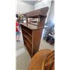 Image 6 : Antique Oak Four-Shelf Open Bookcase with Mirrored Hutch Top and Carved Scrollwork 70 x 43 x 13"