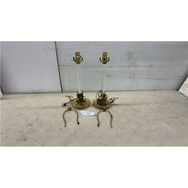 Pair of Vintage Brass-Toned Electric Chamberstick Candle Lamps with Harps, 15" Tall, No Shades