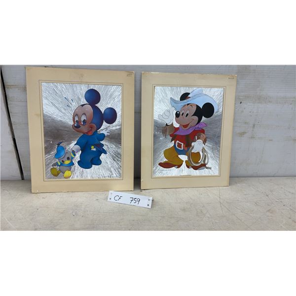 Two 1984 Walt Disney Company Mickey Mouse Foil Art Prints, Cowboy and Police, 12 x 10"