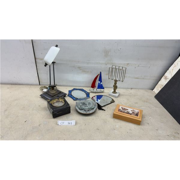 Articulated Arm Desk Lamp with White Glass Shade, Brass Accents, Clock, Vase & More
