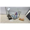 Image 1 : Articulated Arm Desk Lamp with White Glass Shade, Brass Accents, Clock, Vase & More