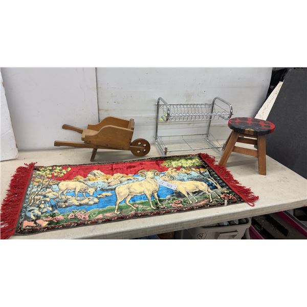 Wooden Ladybug Step Stool, Decorative Wheelbarrow, Metal Rack, and Tapestry Runner