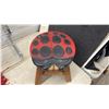 Image 4 : Wooden Ladybug Step Stool, Decorative Wheelbarrow, Metal Rack, and Tapestry Runner