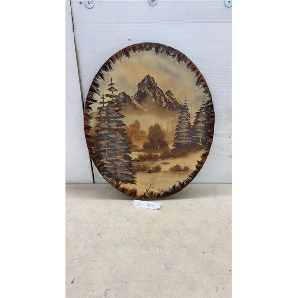 Hand-Painted Mountain Landscape on Oval Wood Plaque, Signed Holoday, 24 x 20"